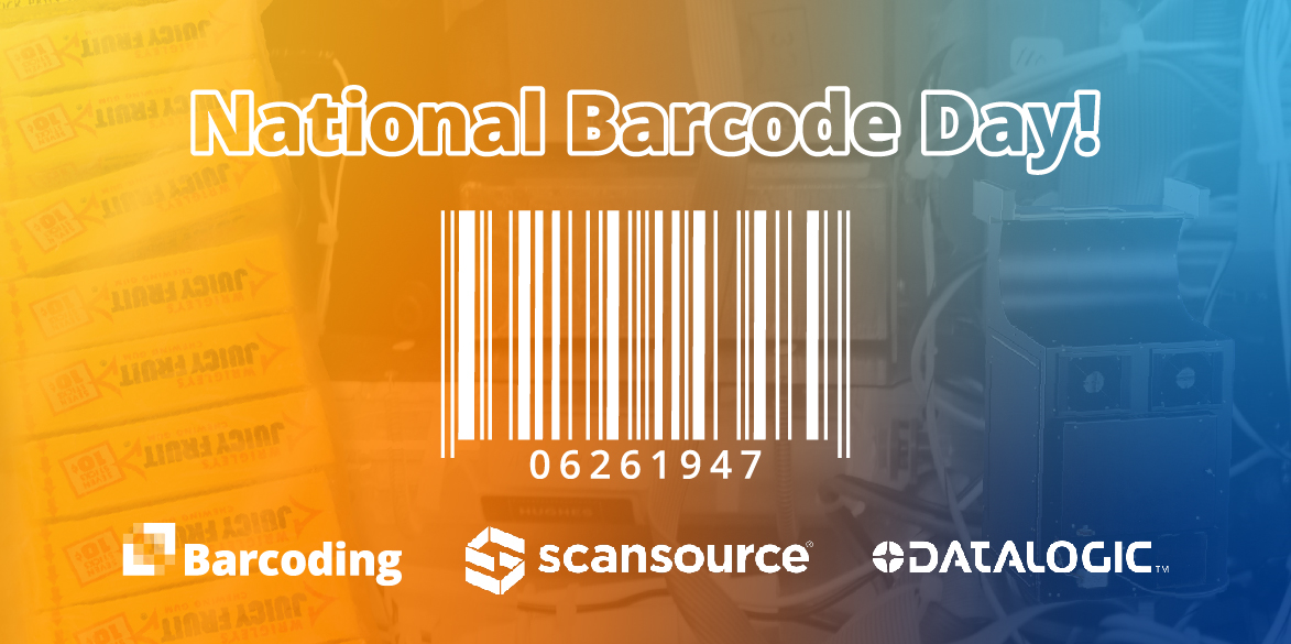 National Barcoding Day graphic with a bar code and the logos of Barcoding, Scansource, and Datalogic.